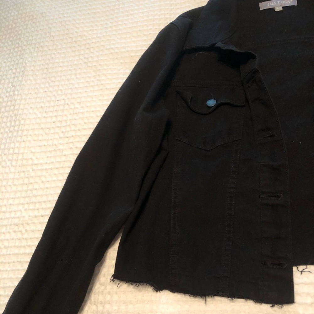 JustUSA black distressed denim jean jacket. Large!